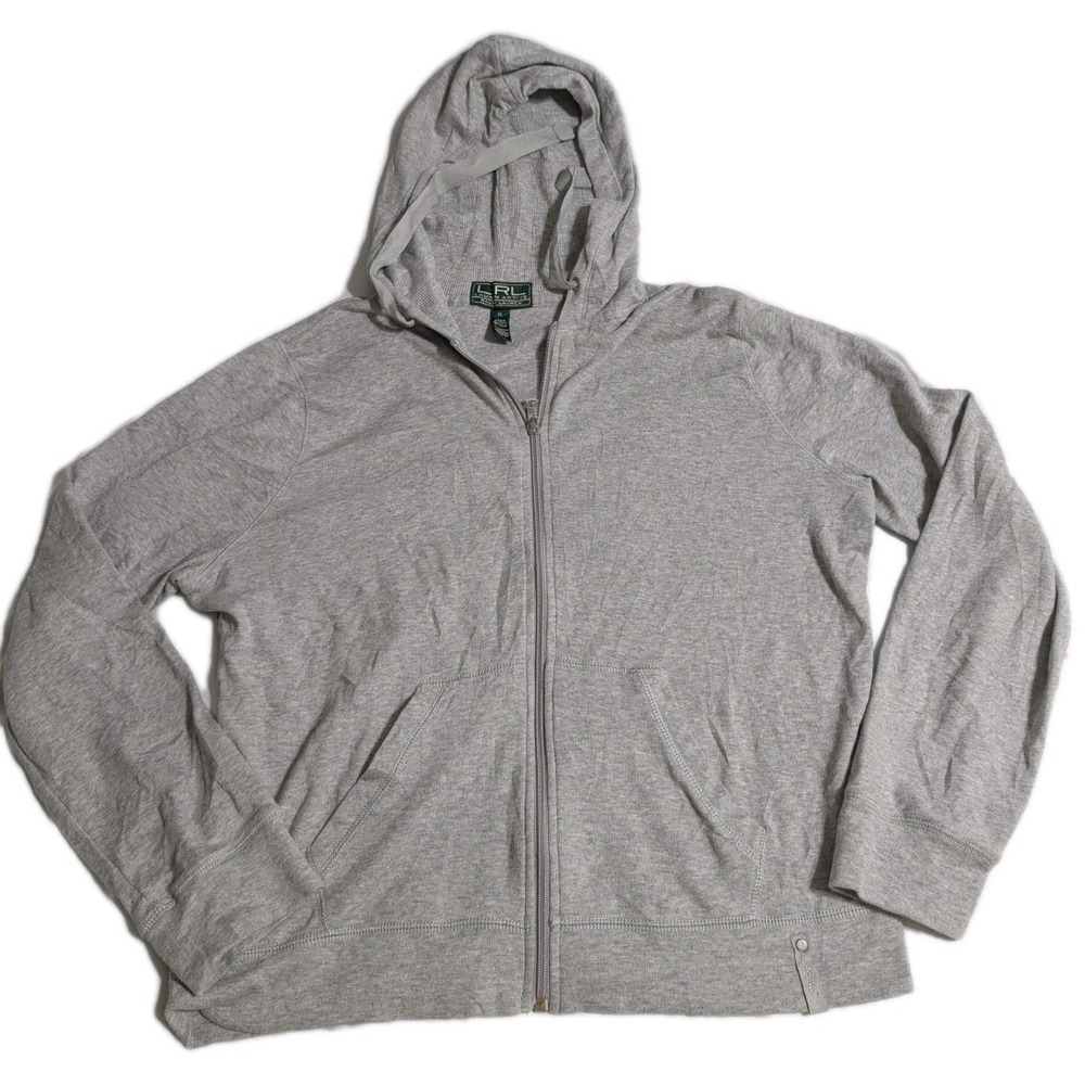 LRL Lauren Active Hoodie Women's XL Gray Full Zip Cotton Blend Snap Hem
